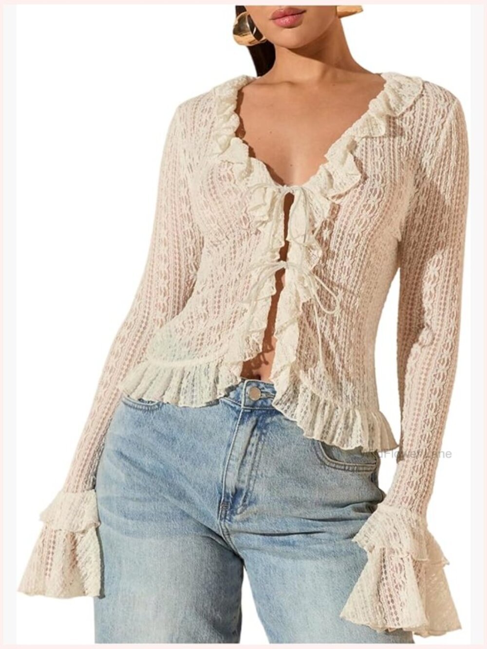 Lace Tie Front Ruffle Top Deep V Neck Sheer Long Sleeve Blouse